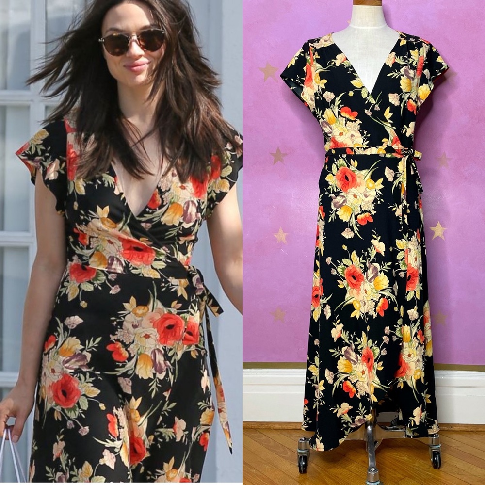 Sanctuary NEW Black Floral Wrap Midi Dress Medium Blossoms Home Spun Romance